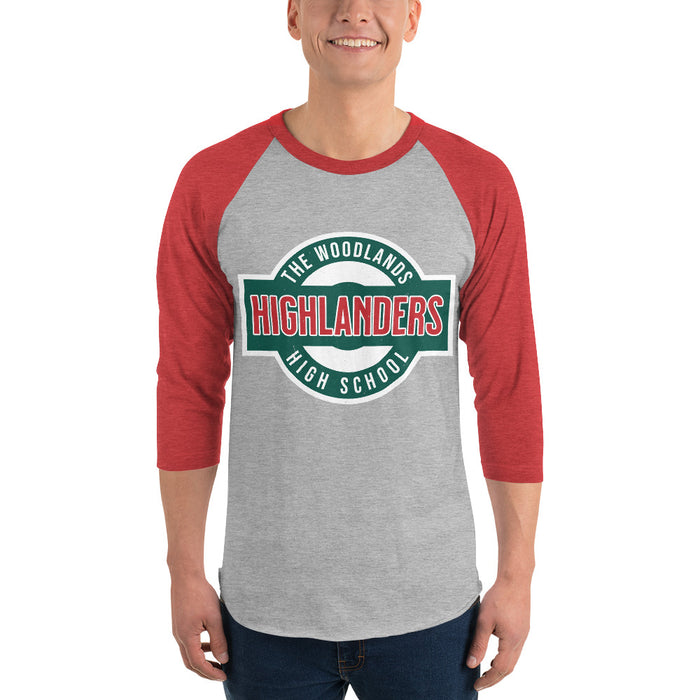 Man wearing The Woodlands High School Highlanders Unisex 3/4 sleeve Raglan T-shirt 011