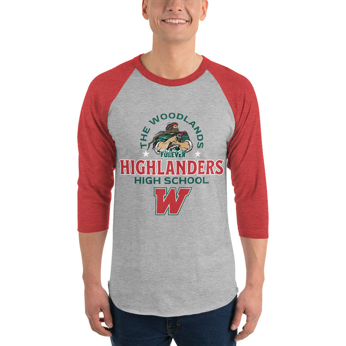 Man wearing The Woodlands High School Highlanders Unisex 3/4 sleeve Raglan T-shirt 222