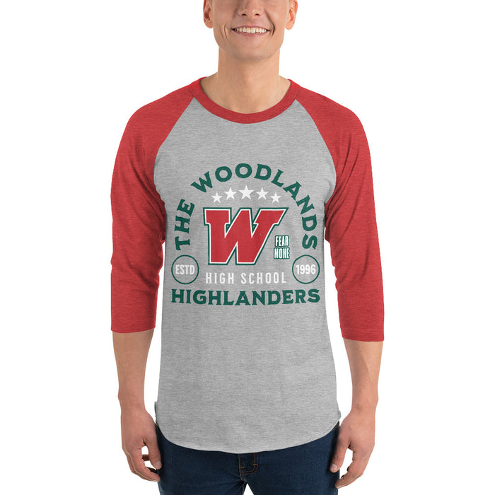 Man wearing The Woodlands High School Highlanders Unisex 3/4 sleeve Raglan T-shirt 208