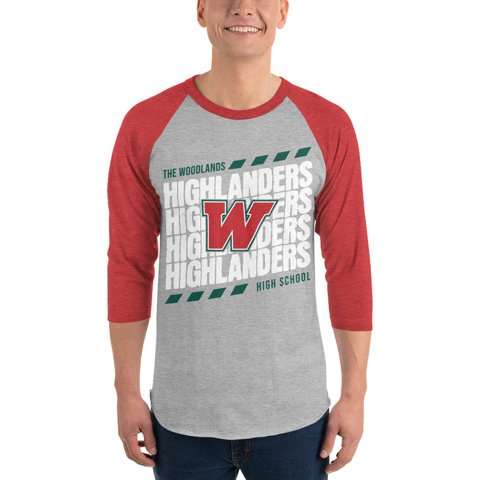 Man wearing The Woodlands High School Highlanders Unisex 3/4 sleeve Raglan T-shirt 223