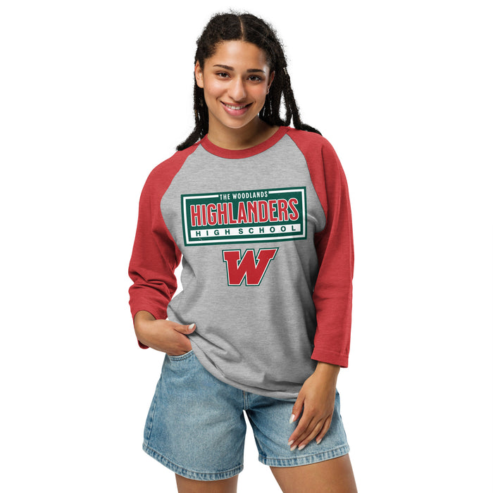 Woman wearing The Woodlands High School Highlanders Unisex 3/4 sleeve Raglan T-shirt 049