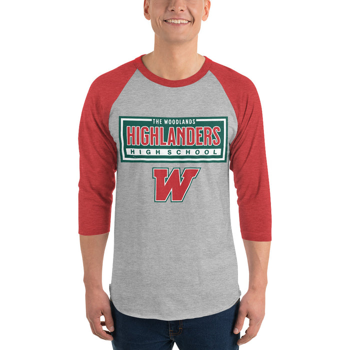 Man wearing The Woodlands High School Highlanders Unisex 3/4 sleeve Raglan T-shirt 049
