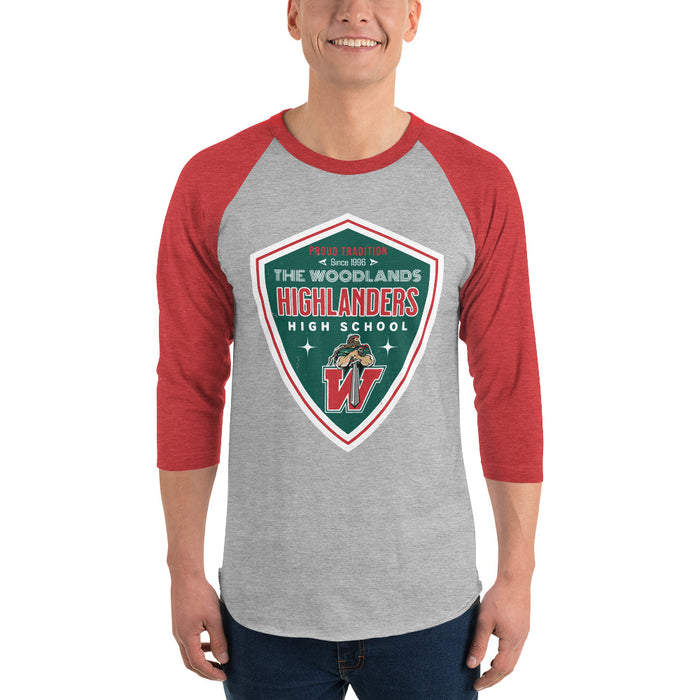Man wearing The Woodlands High School Highlanders Unisex 3/4 sleeve Raglan T-shirt 225