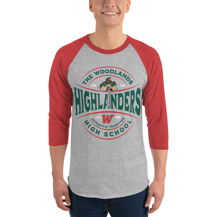 Man wearing The Woodlands High School Highlanders Unisex 3/4 sleeve Raglan T-shirt 218