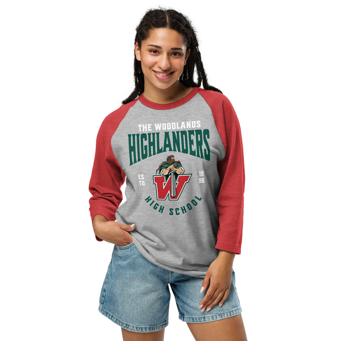 Woman wearing The Woodlands High School Highlanders Unisex 3/4 sleeve Raglan T-shirt 213