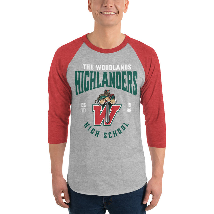 Man wearing The Woodlands High School Highlanders Unisex 3/4 sleeve Raglan T-shirt 213
