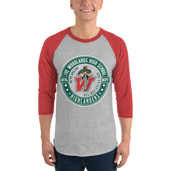 Man wearing The Woodlands High School Highlanders Unisex 3/4 sleeve Raglan T-shirt 224