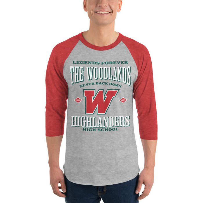 Man wearing The Woodlands High School Highlanders Unisex 3/4 sleeve Raglan T-shirt 230