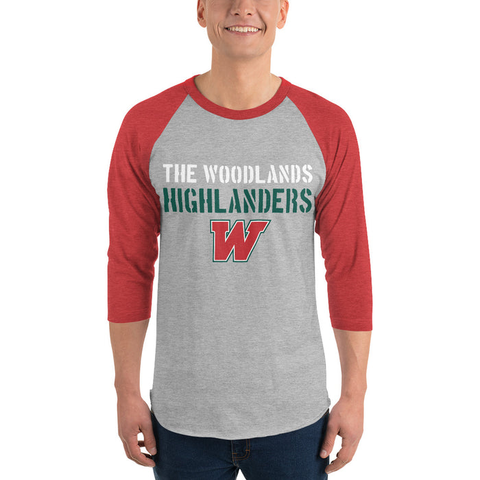Man wearing The Woodlands High School Highlanders Unisex 3/4 sleeve Raglan T-shirt 017