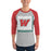 Man wearing The Woodlands High School Highlanders Unisex 3/4 sleeve Raglan T-shirt 235