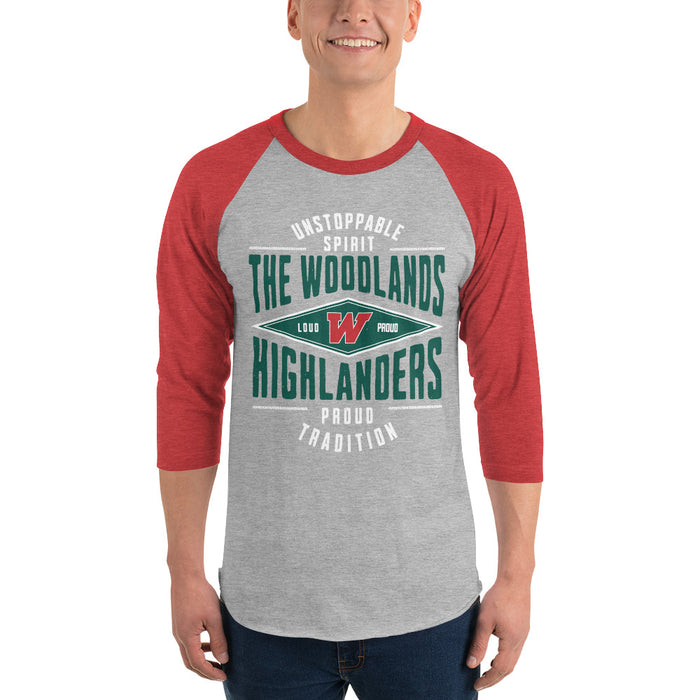 Man wearing The Woodlands High School Highlanders Unisex 3/4 sleeve Raglan T-shirt 210