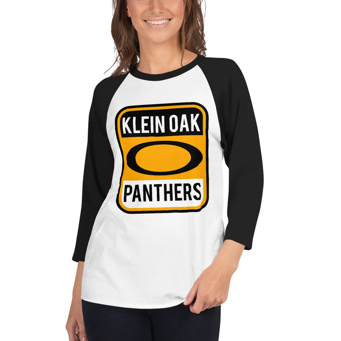 Woman wearing a Klein Oak High School Panthers Unisex 3/4 Sleeve Raglan T-shirt 01