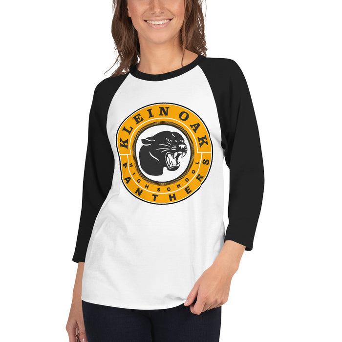 Woman wearing a Klein Oak High School Panthers Unisex 3/4 Sleeve Raglan T-shirt 02