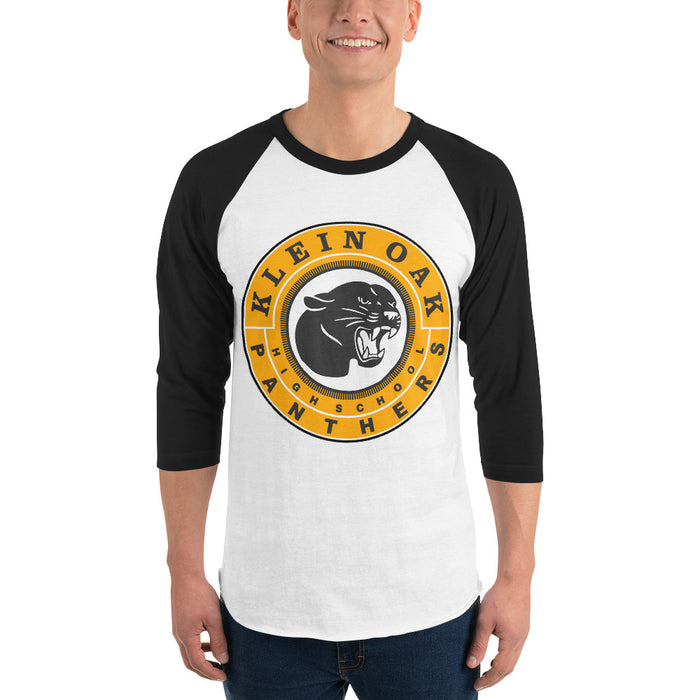 Man wearing a Klein Oak High School Panthers Unisex 3/4 Sleeve Raglan T-shirt 02