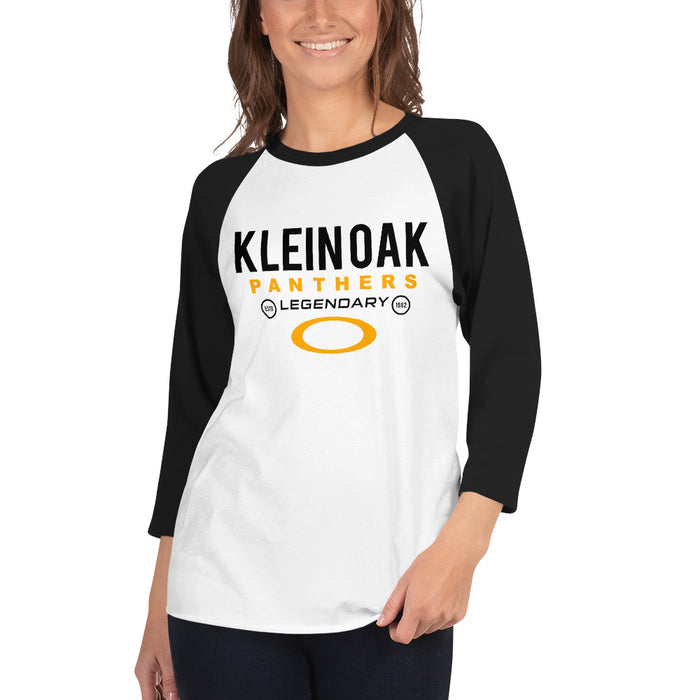 Woman wearing a Klein Oak High School Panthers Unisex 3/4 Sleeve Raglan T-shirt 03