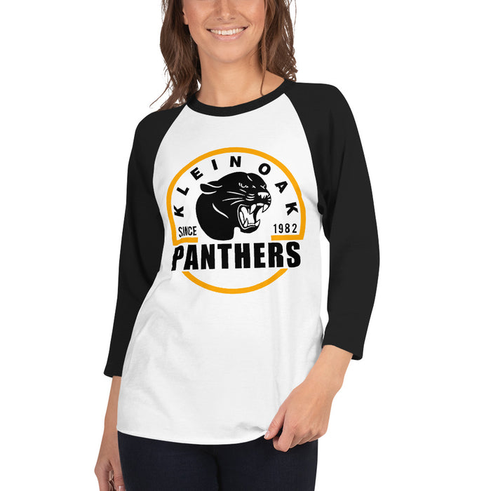 Woman wearing a Klein Oak High School Panthers Unisex 3/4 Sleeve Raglan T-shirt 04