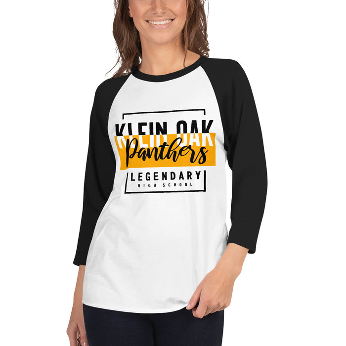 Woman wearing a Klein Oak High School Panthers Unisex 3/4 Sleeve Raglan T-shirt 05