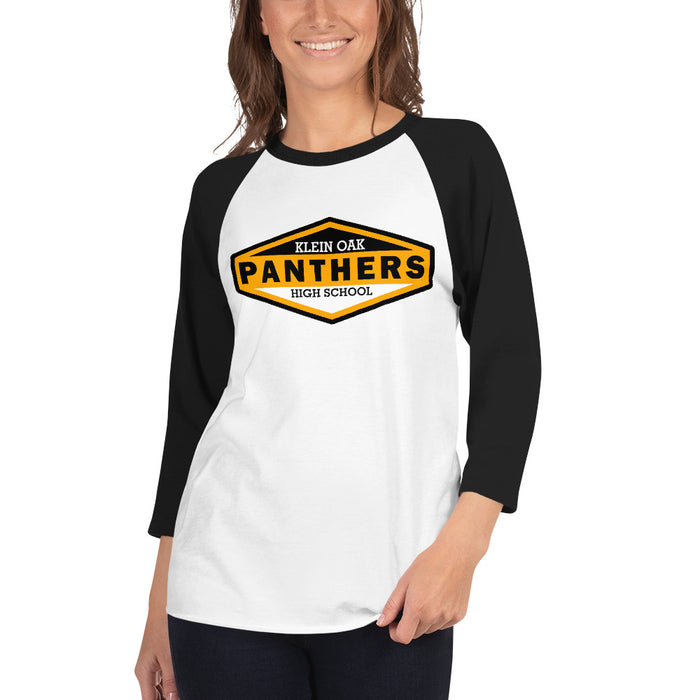 Woman wearing a Klein Oak High School Panthers Unisex 3/4 Sleeve Raglan T-shirt 09