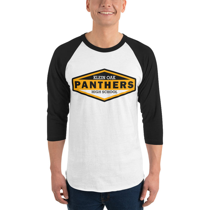 Man wearing a Klein Oak High School Panthers Unisex 3/4 Sleeve Raglan T-shirt 09