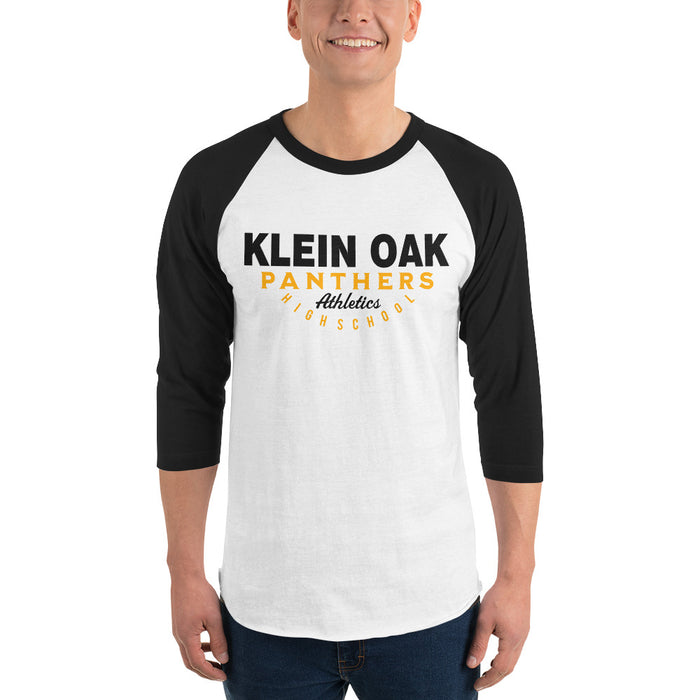 Man wearing a Klein Oak High School Panthers Unisex 3/4 Sleeve Raglan T-shirt 12