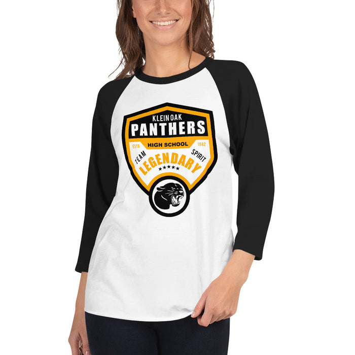 Woman wearing a Klein Oak High School Panthers Unisex 3/4 Sleeve Raglan T-shirt 14