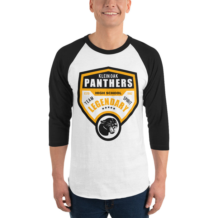 Man wearing a Klein Oak High School Panthers Unisex 3/4 Sleeve Raglan T-shirt 14