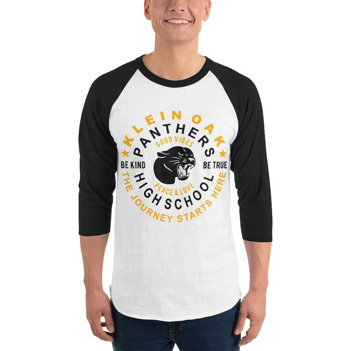 Man wearing a Klein Oak High School Panthers Unisex 3/4 Sleeve Raglan T-shirt 16