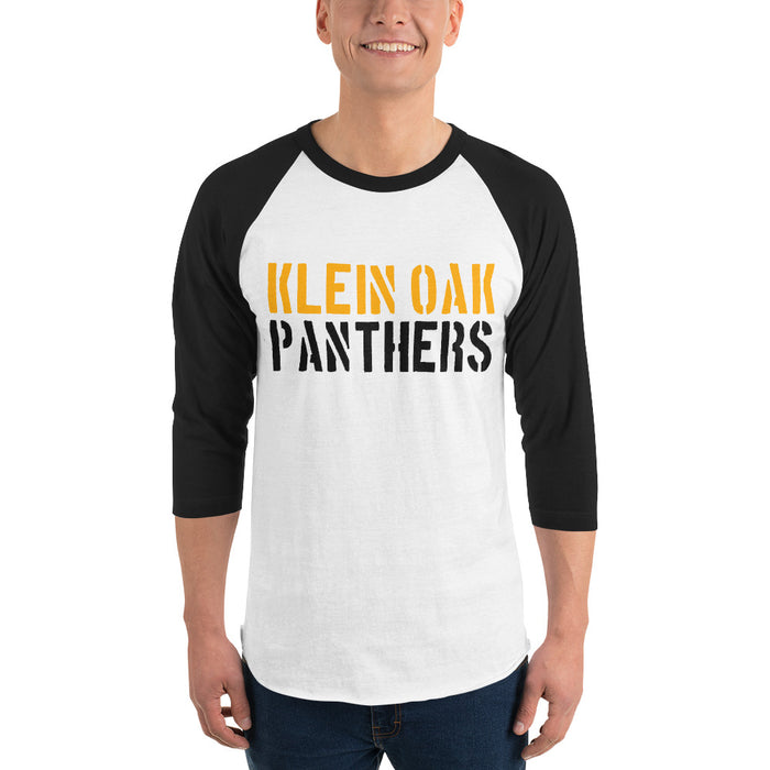 Man wearing a Klein Oak High School Panthers Unisex 3/4 Sleeve Raglan T-shirt 17