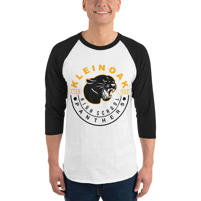 Man wearing a Klein Oak High School Panthers Unisex 3/4 Sleeve Raglan T-shirt 19