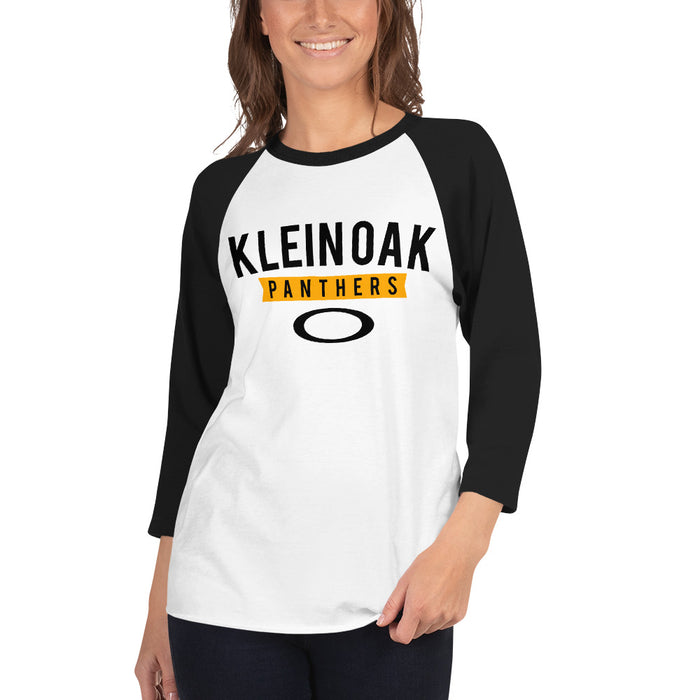 Woman wearing a Klein Oak High School Panthers Unisex 3/4 Sleeve Raglan T-shirt 21