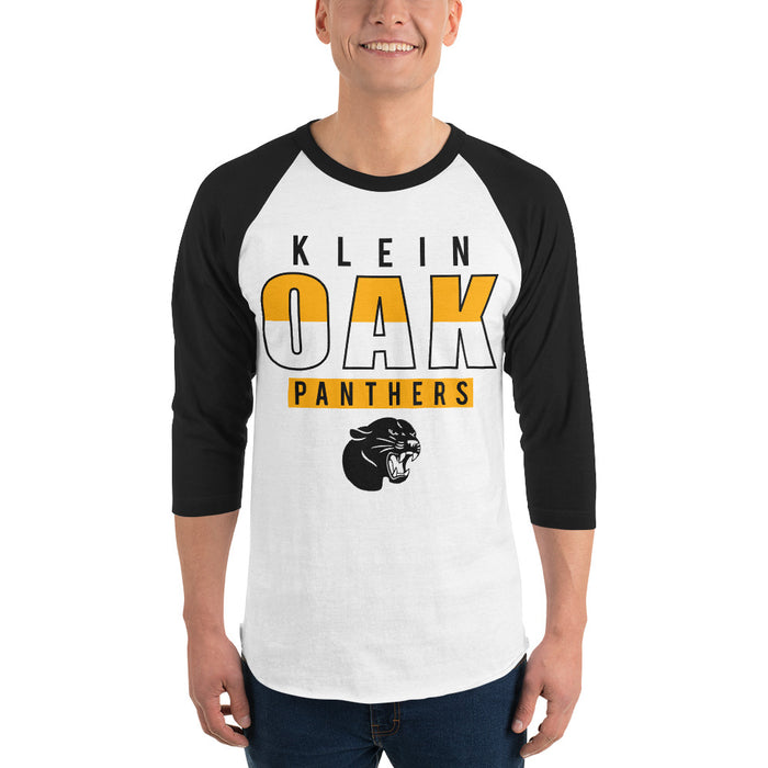 Man wearing a Klein Oak High School Panthers Unisex 3/4 Sleeve Raglan T-shirt 23