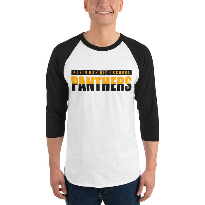 Man wearing a Klein Oak High School Panthers Unisex 3/4 Sleeve Raglan T-shirt 25