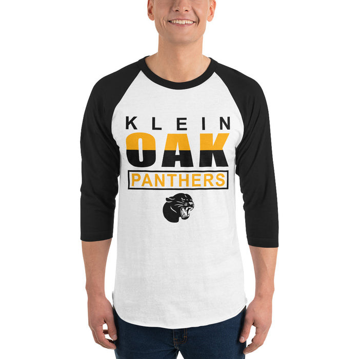 Man wearing a Klein Oak High School Panthers Unisex 3/4 Sleeve Raglan T-shirt 29