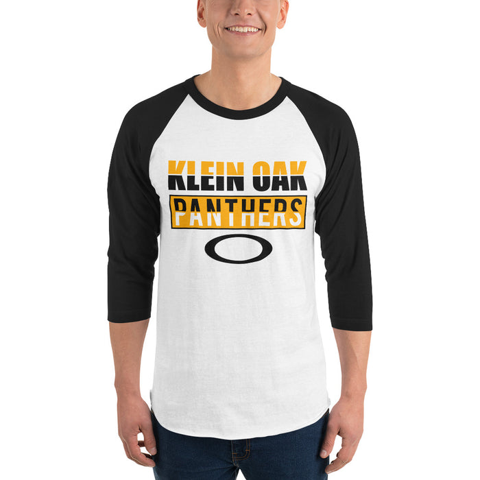 Man wearing a Klein Oak High School Panthers Unisex 3/4 Sleeve Raglan T-shirt 31