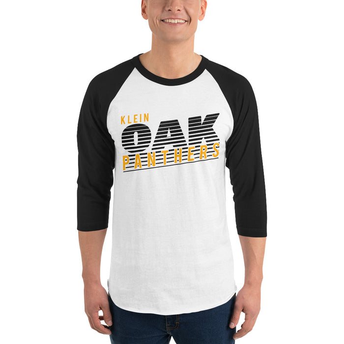 Man wearing a Klein Oak High School Panthers Unisex 3/4 Sleeve Raglan T-shirt 32