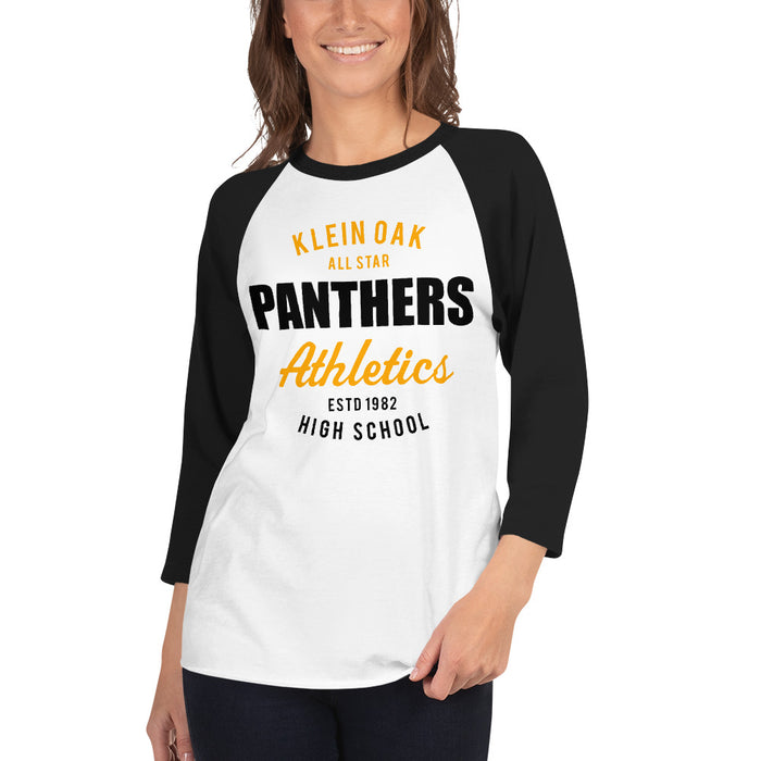 Woman wearing a Klein Oak High School Panthers Unisex 3/4 Sleeve Raglan T-shirt 34