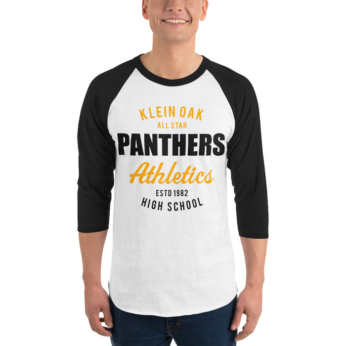 Man wearing a Klein Oak High School Panthers Unisex 3/4 Sleeve Raglan T-shirt 34