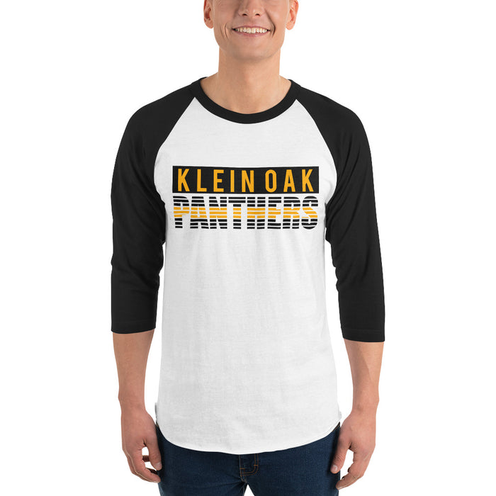 Man wearing a Klein Oak High School Panthers Unisex 3/4 Sleeve Raglan T-shirt 35