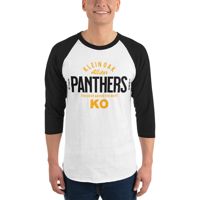 Man wearing a Klein Oak High School Panthers Unisex 3/4 Sleeve Raglan T-shirt 40