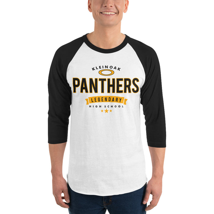 Man wearing a Klein Oak High School Panthers Unisex 3/4 Sleeve Raglan T-shirt 44