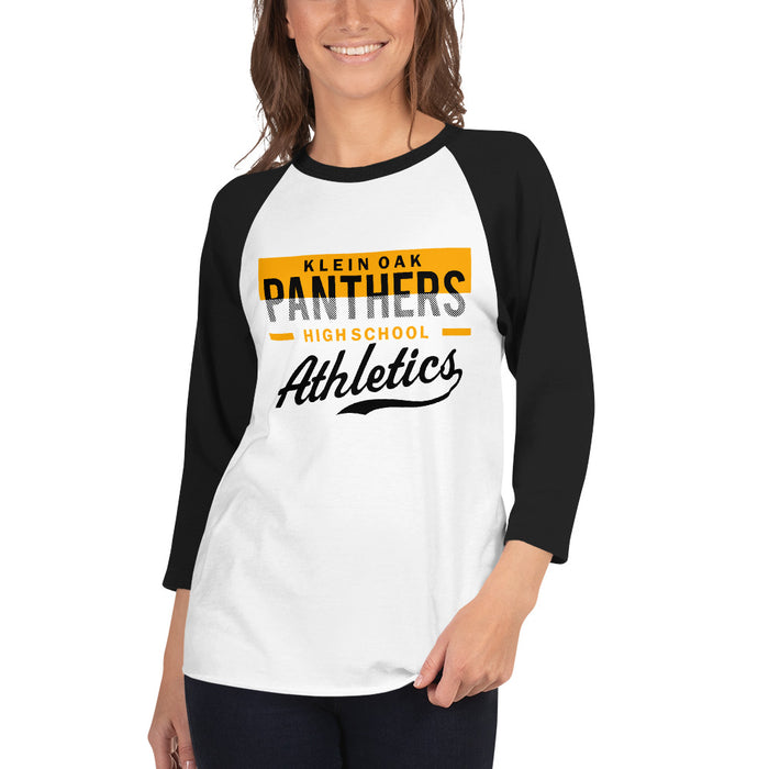 Woman wearing a Klein Oak High School Panthers Unisex 3/4 Sleeve Raglan T-shirt 48