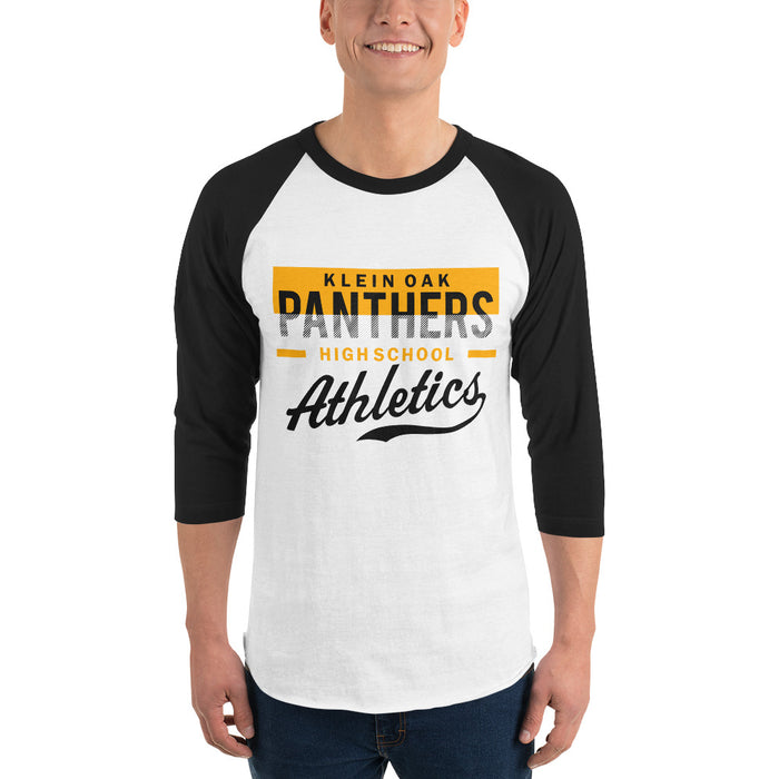 Man wearing a Klein Oak High School Panthers Unisex 3/4 Sleeve Raglan T-shirt 48