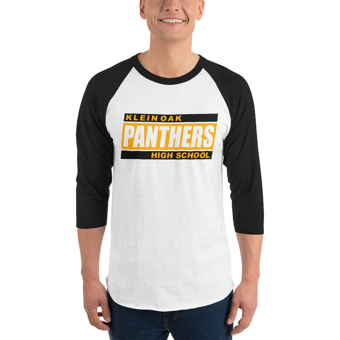 Man wearing a Klein Oak High School Panthers Unisex 3/4 Sleeve Raglan T-shirt 72