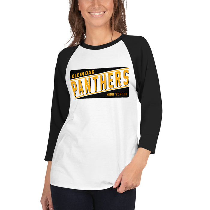 Woman wearing a Klein Oak High School Panthers Unisex 3/4 Sleeve Raglan T-shirt 84