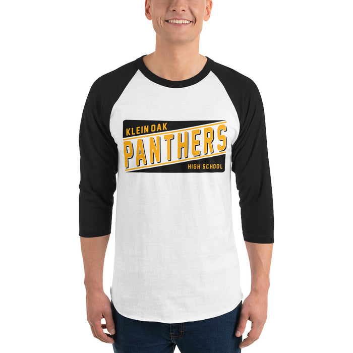 Man wearing a Klein Oak High School Panthers Unisex 3/4 Sleeve Raglan T-shirt 84