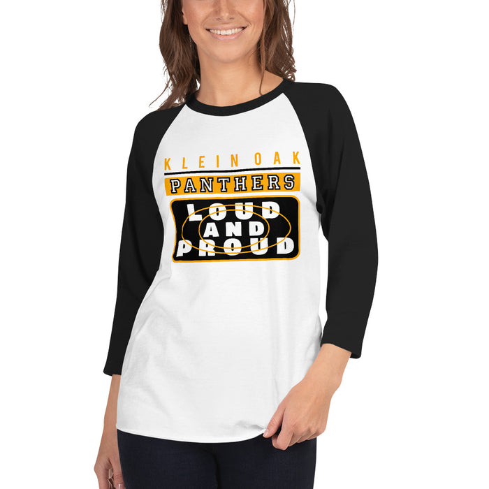 Woman wearing a Klein Oak High School Panthers Unisex 3/4 Sleeve Raglan T-shirt 86