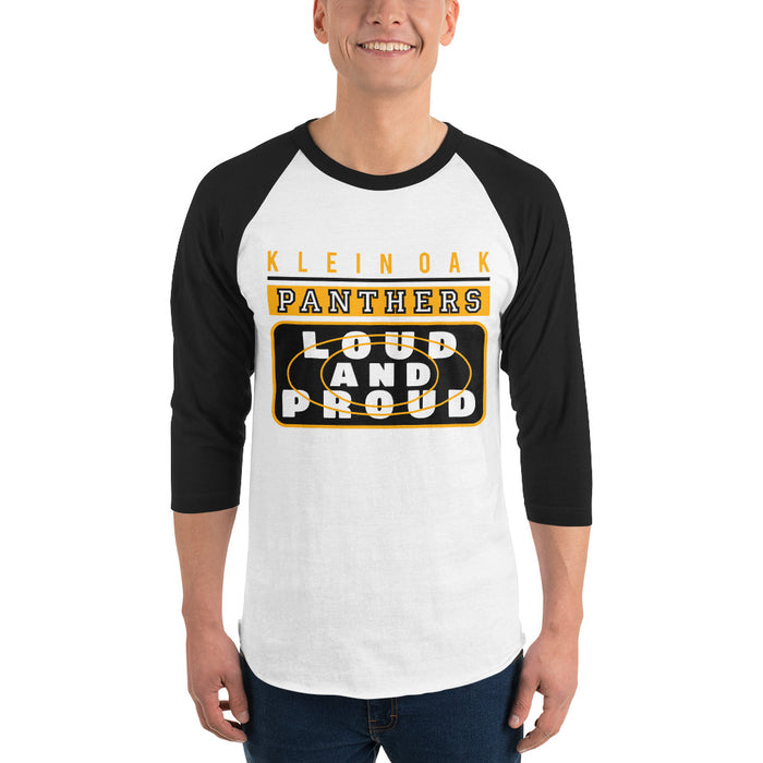 Man wearing a Klein Oak High School Panthers Unisex 3/4 Sleeve Raglan T-shirt 86