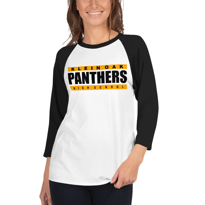 Woman wearing a Klein Oak High School Panthers Unisex 3/4 Sleeve Raglan T-shirt 98