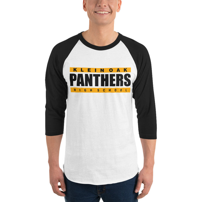 Man wearing a Klein Oak High School Panthers Unisex 3/4 Sleeve Raglan T-shirt 98