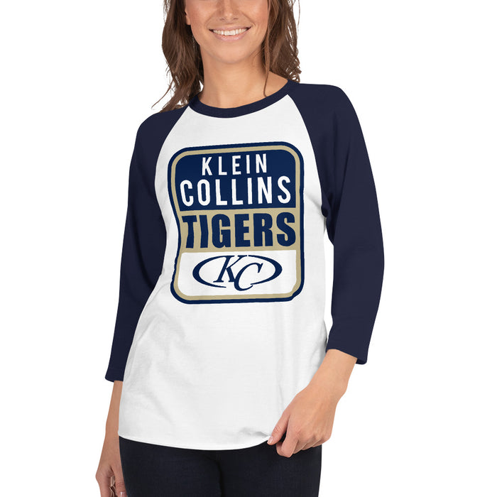 Woman wearing a Klein Collins High School Tigers Unisex 3/4 Sleeve Raglan T-shirt 01